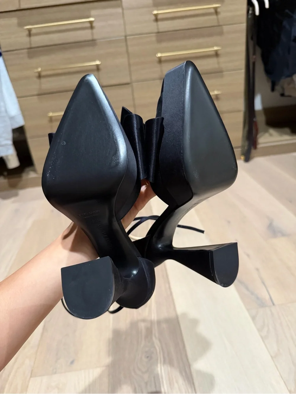 Mach & Mach Black Satin Platform Ankle-Strap Sandals with rhinestone Bow